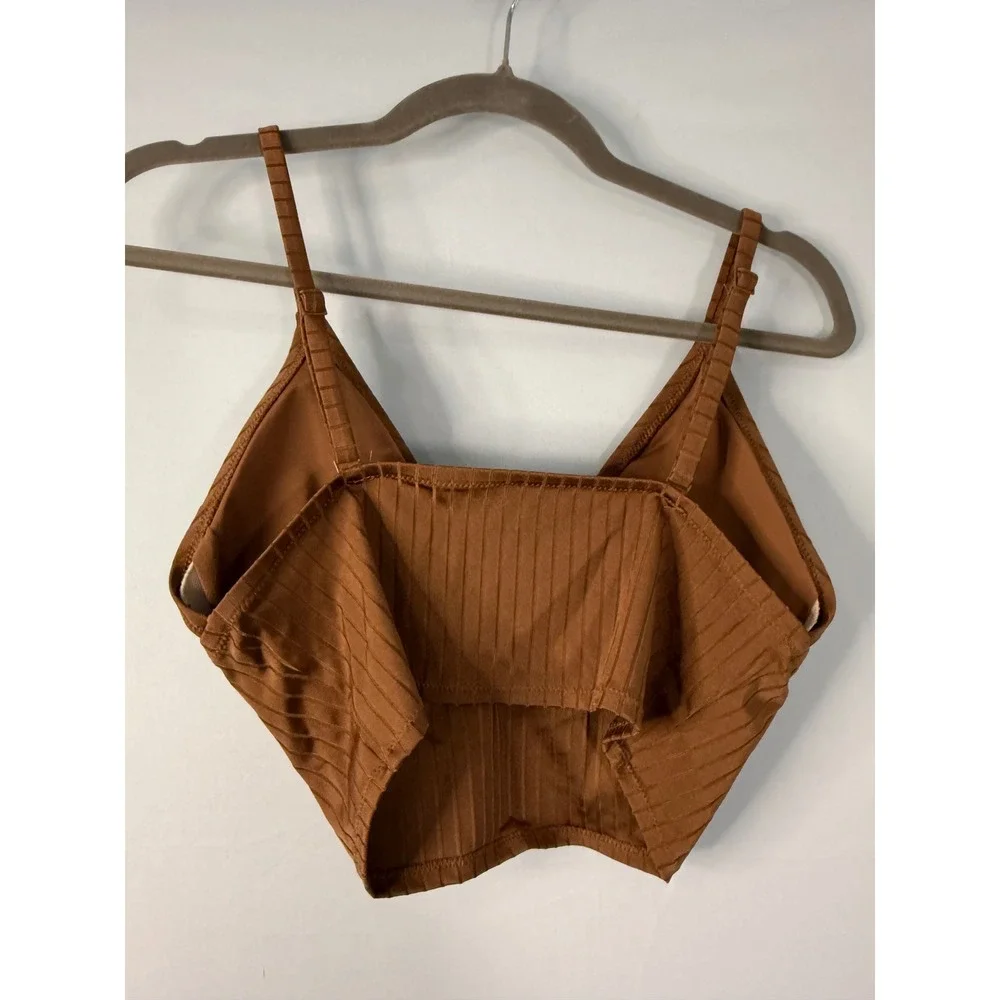 Aerie Ribbed Front Tie Crop Top Large‎ Brown Bronze Keyhole Adjustable Straps